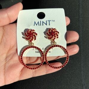 Gold & Red Rhinestone Twirl Earrings New!
